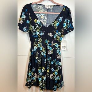 Unique Vintage Navy Blue Floral Fit & Flare V-neck Flutter Sleeve Dress Size S